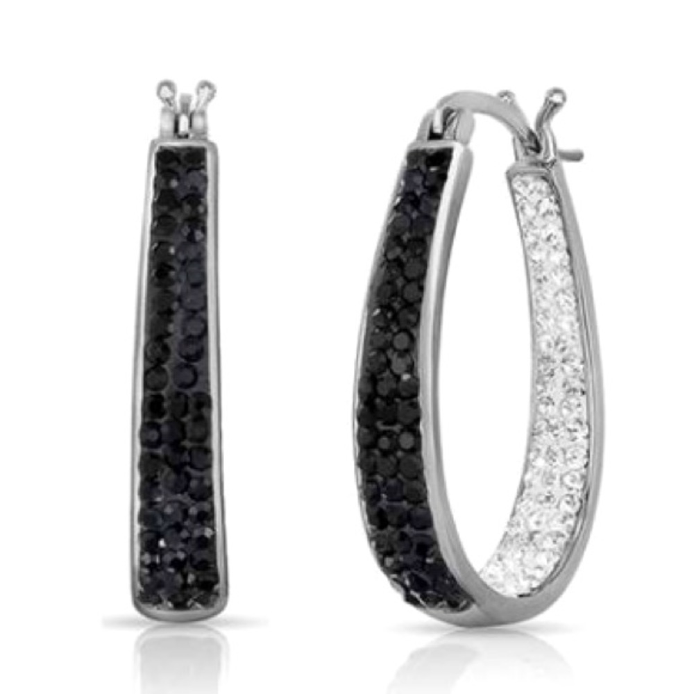 NWT Black & White Crystal Hoop Earrings 2CT + Studs with Crystals From Swarovski